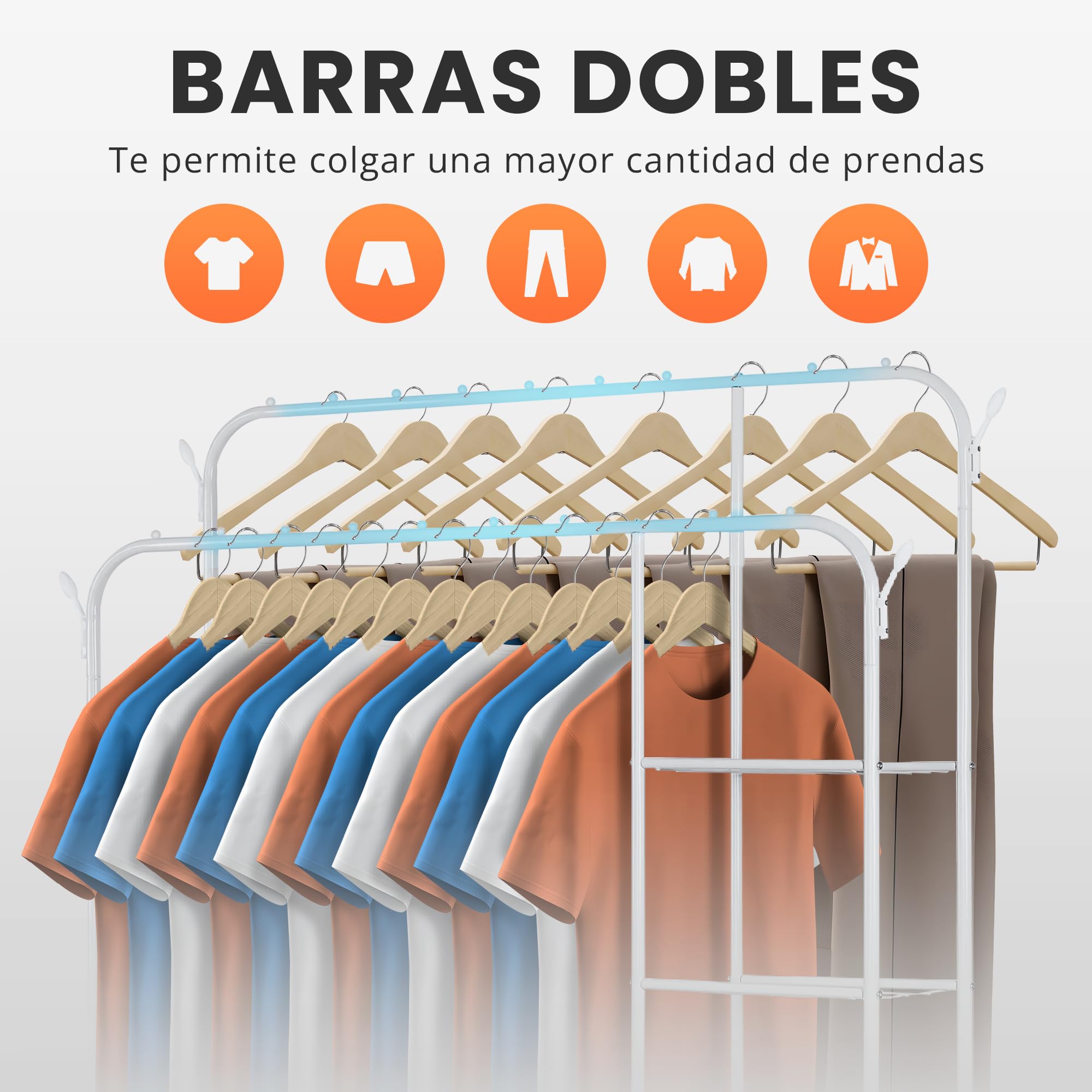 JUPPLIES Burro Ropa Resistente – Perchero Burro Doble con Soporte (Blanco, Con Ruedas y Estantes) — view 4