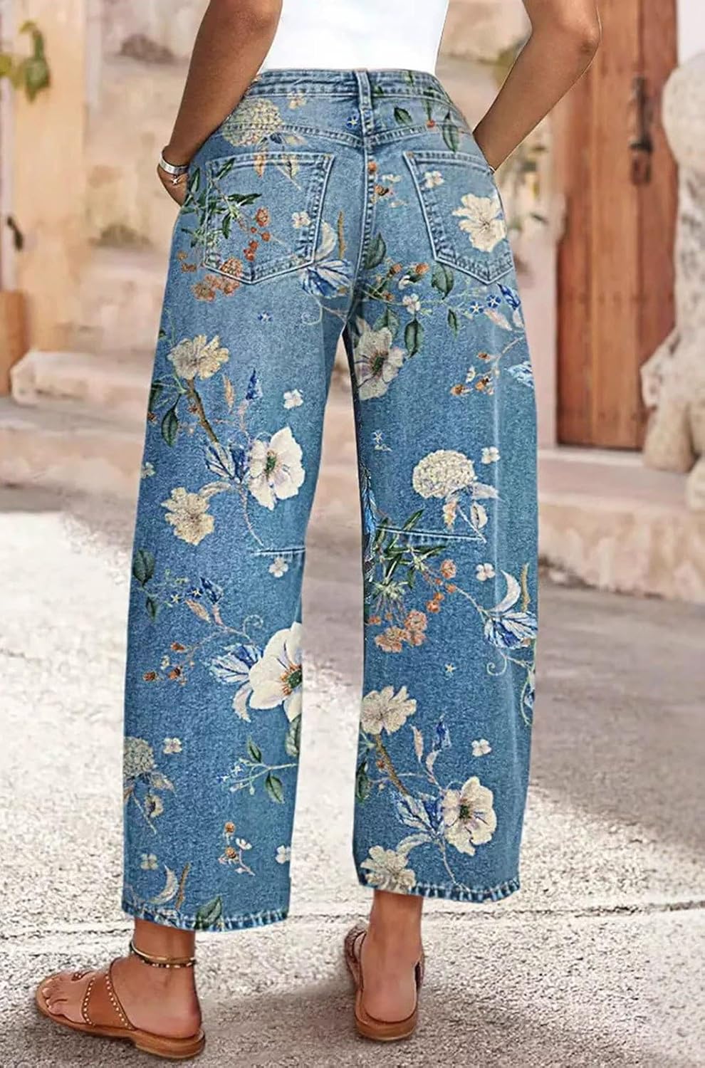 loveimgs Women Boyfriend Floral Print Baggy Barrel Jeans Cargo Denim Pants Y2k Patchwork Mid Rise Printed Wide Leg Sweatpants