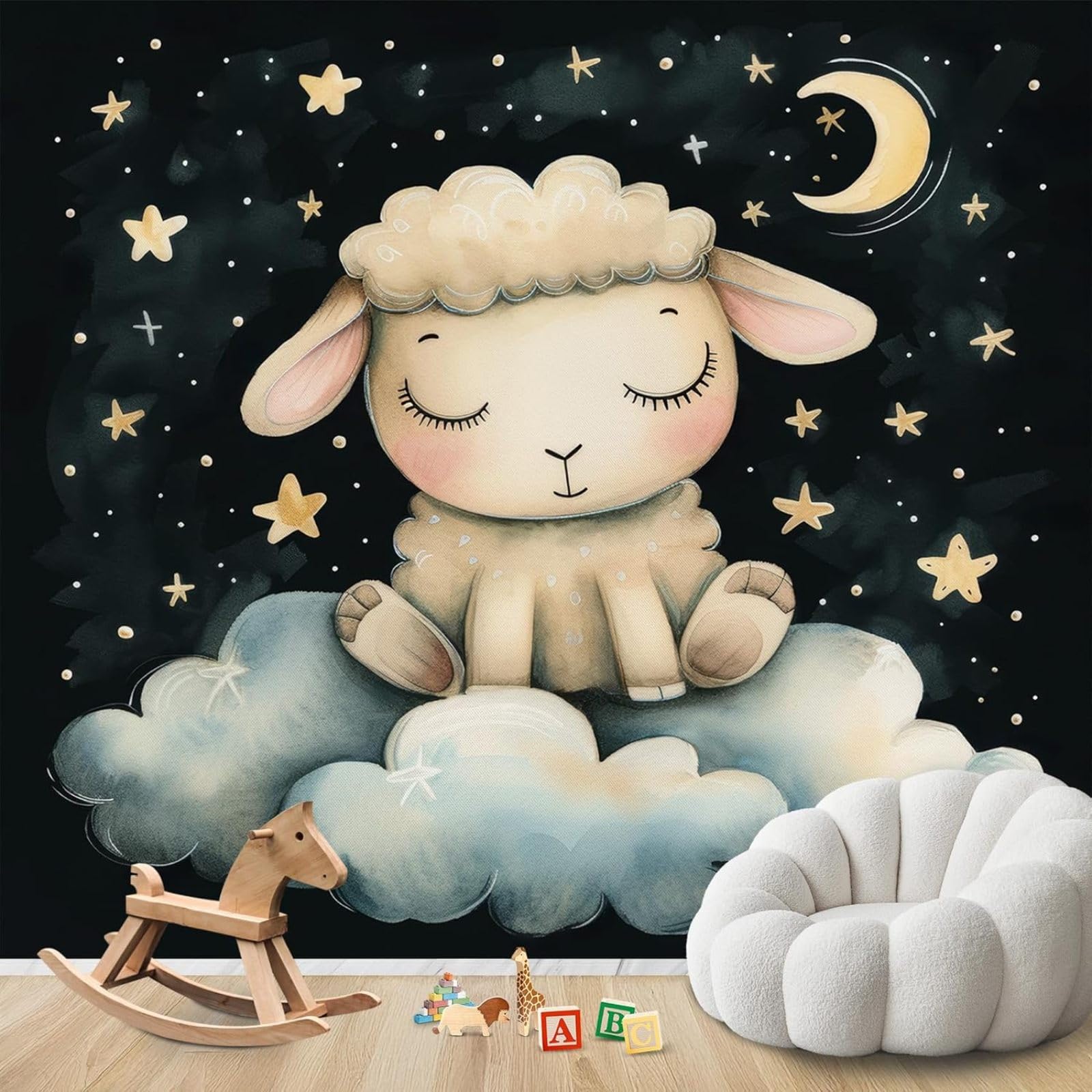 hgjdjhnf Photo Wallpaper Sheep On Cloud Lamb Moon Stars Non-Woven ModernLiving Room Bedroom Children's RoomDecoration Motif Wallpaper,430cmx300cmSticker - Background- Painting - Poster