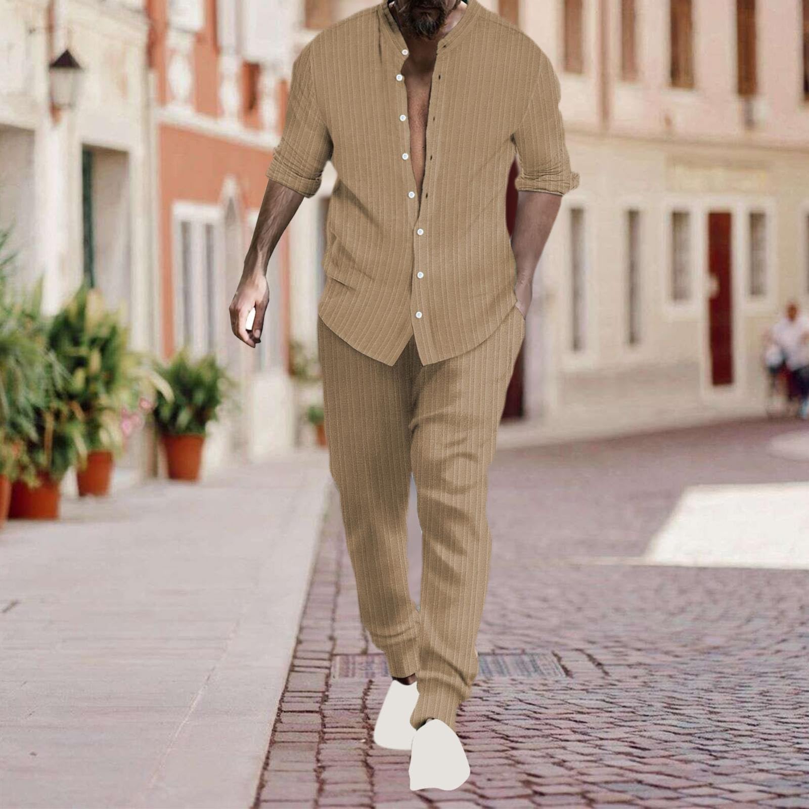 Mend Suits Ensemble de smoking rayé à col Hengli pour homme avec chemise et pantalon tendance en coton et lin Cobalt