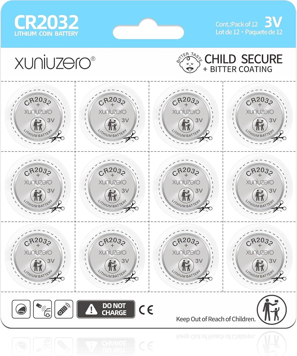 2032 Lithium Battery (12 Pack) Child Safety Features Compatible with AirTag Key Fob Tea Light Candles and Other Devices CR2032 3V Coin Batteries