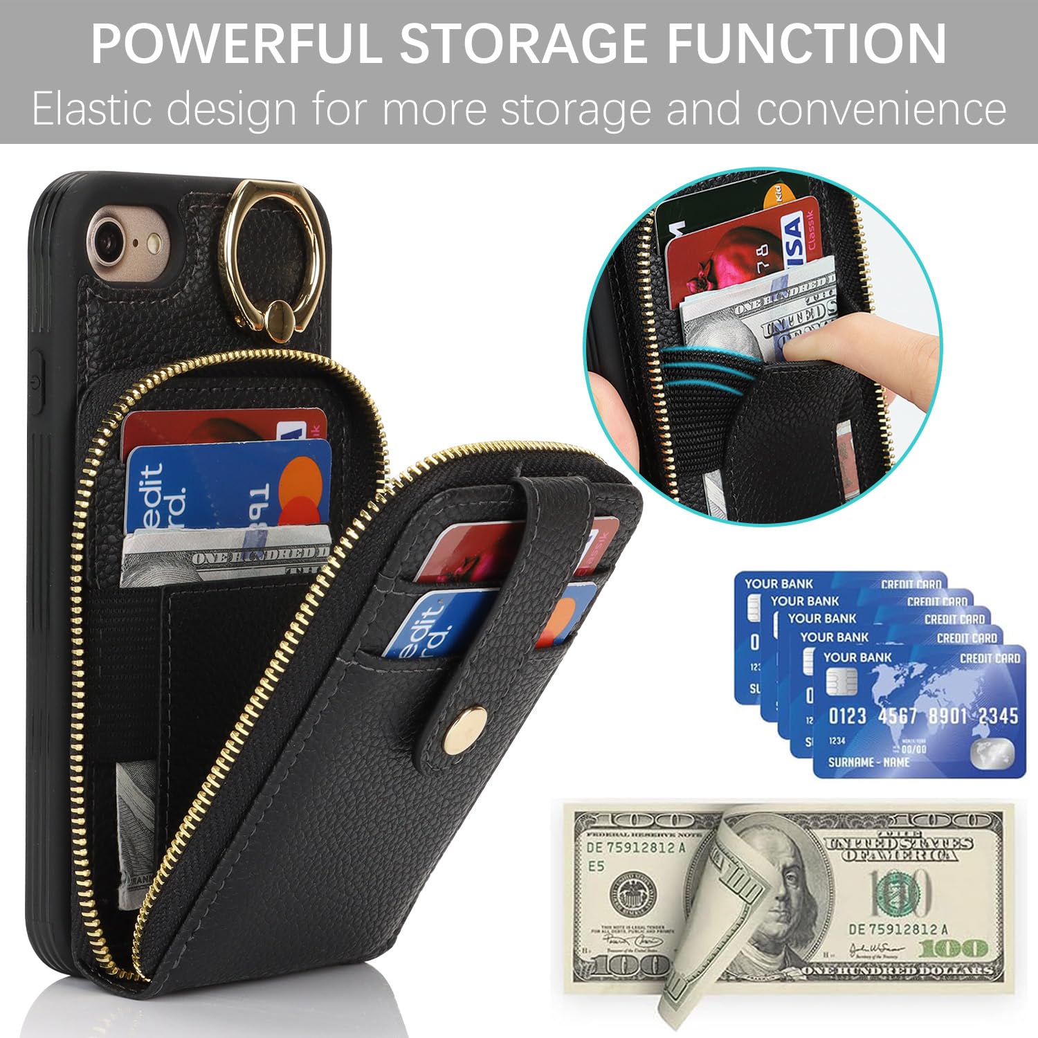 SailorTech Custodia per telefono per iPhone 7/8/SE2/SE3 Supporto ad anello con cerniera per carta di credito, iPhone SE 2020/SE 2022 Custodia in pelle Portafoglio con portacarte per donne-Nero