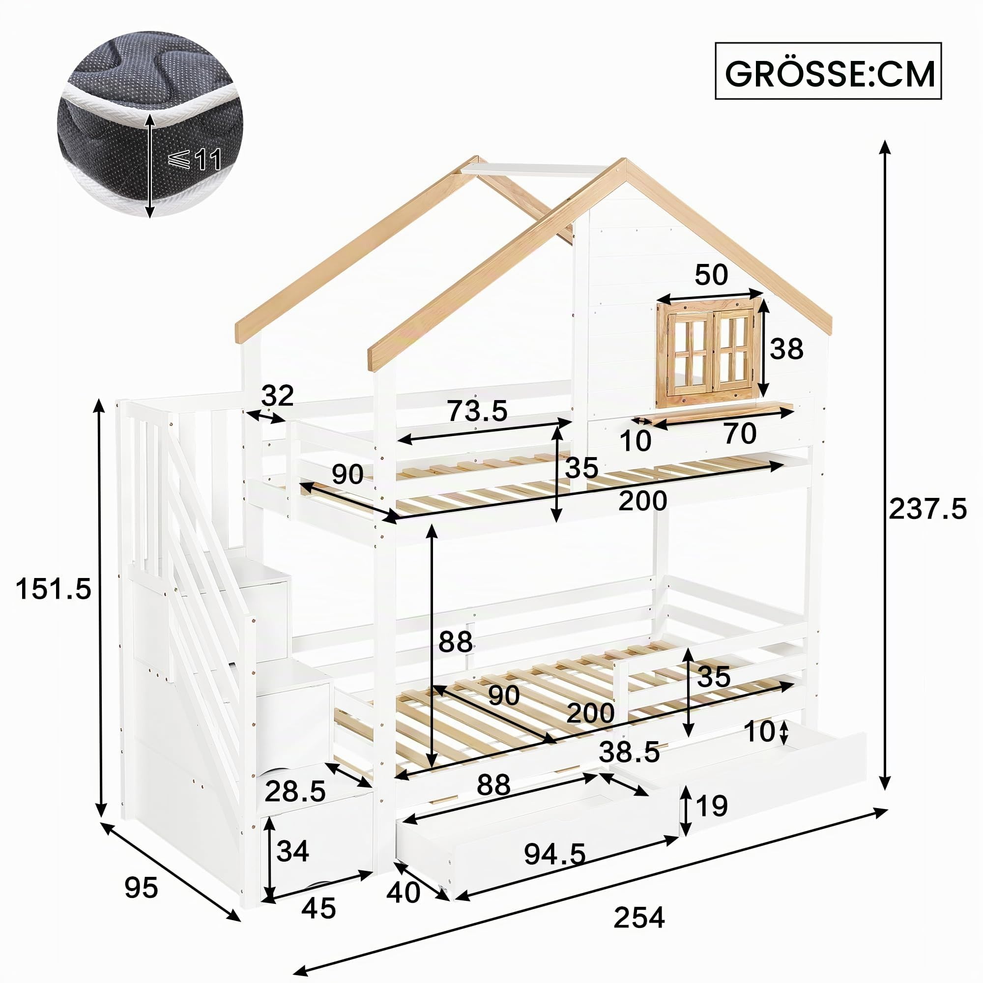 Etagenbett Kinderbett 90x200 cm, Hochbett Holzbett mit Stauraum Treppe und 2 Schubladen, Multifunktional Jugendbett mit Einem Fenster, Lattenroste & Rausfallschutz, Weiß+Natur, ohne Matratze