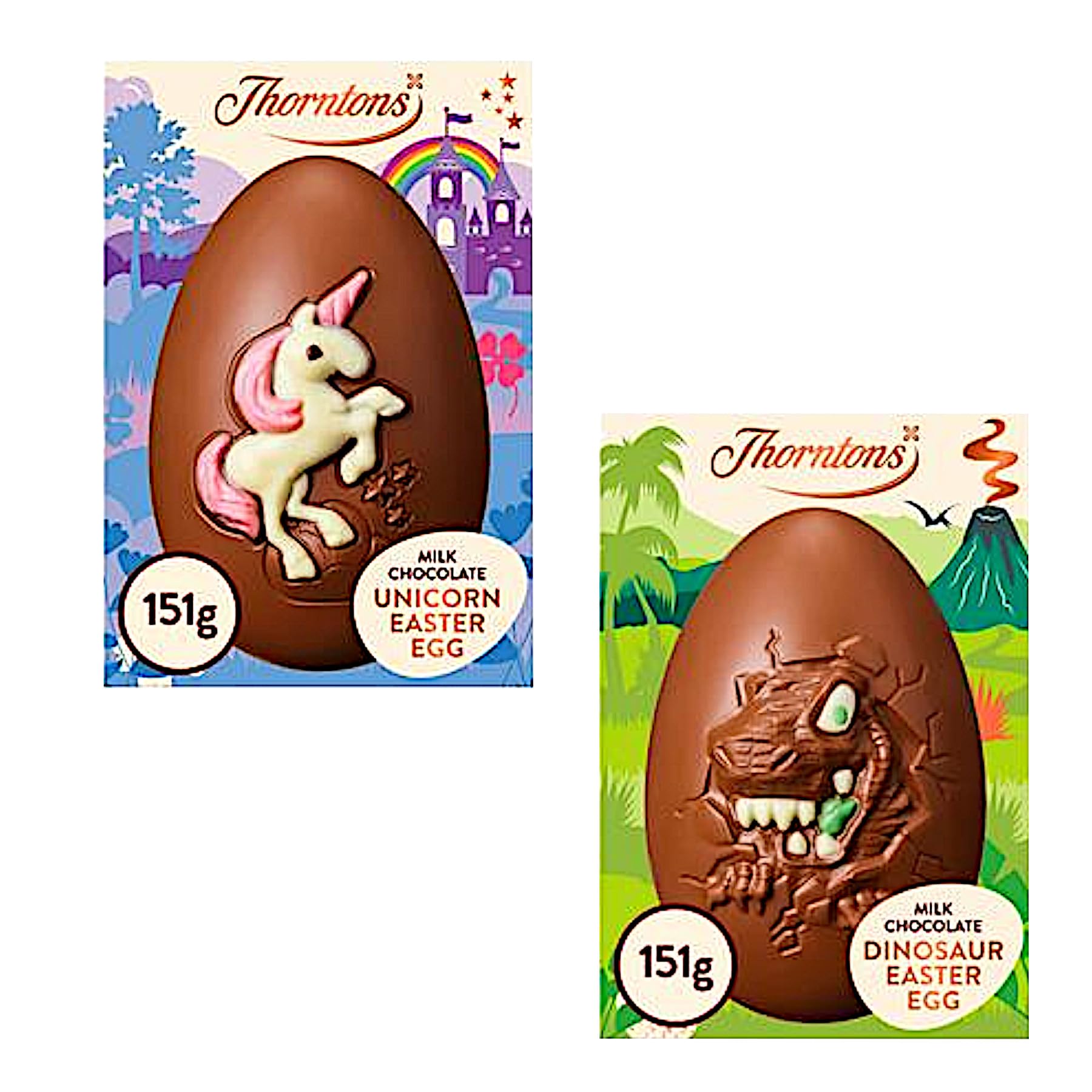 Unicorn and Dinosaur Thorntons Easter Egg Bundle - with 2 x 151g Milk Chocolate Easter Eggs Great Easter Gift for Kids and Easter Egg Hunts