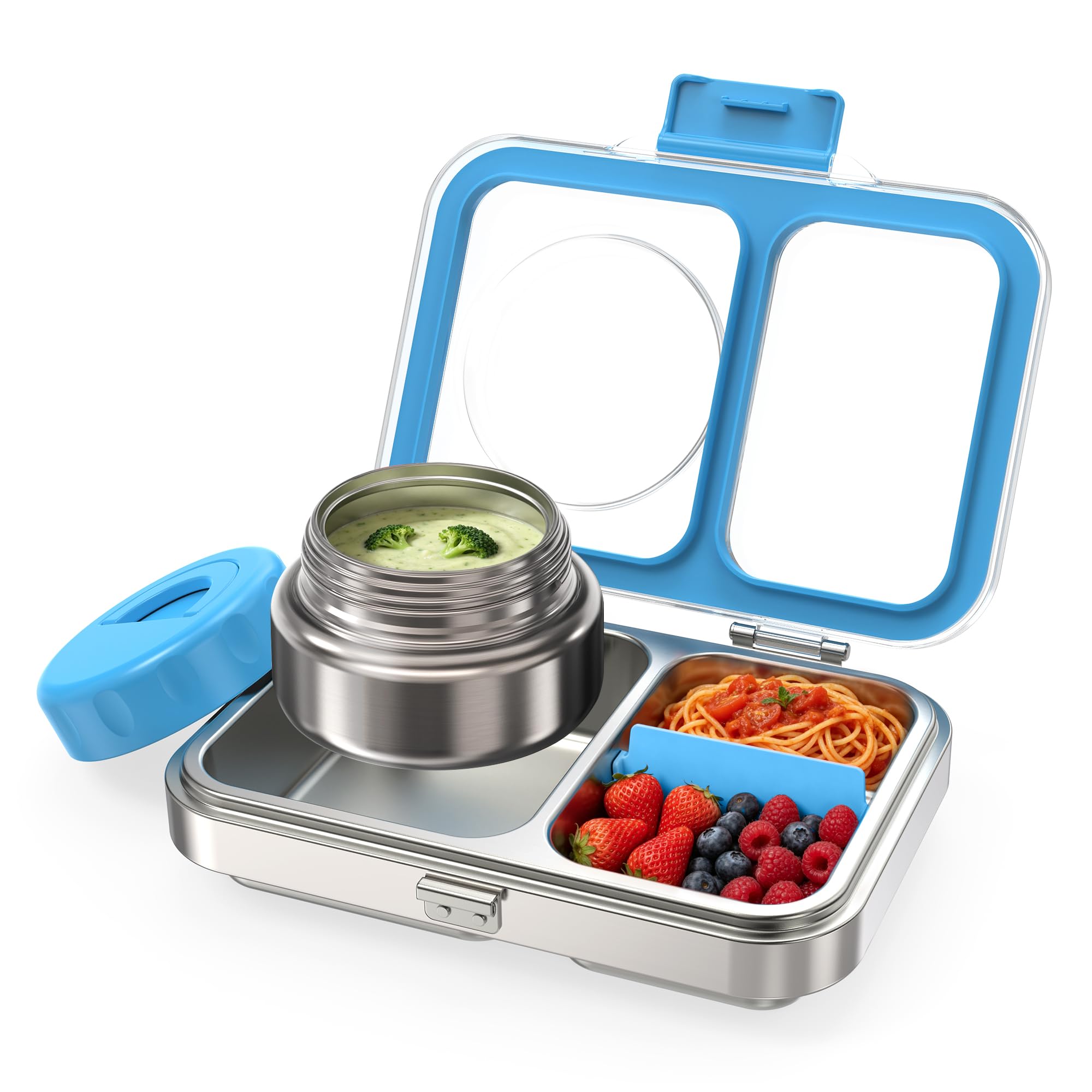 Itslife Brotdose Edelstahl mit 280ml Thermobehälter, 2 Fächern Auslaufsicherer Bento Box für Kinder und Erwachsene, Spülmaschinenfest, Tritan-Deckel, BPA-frei, 18/8-Edelstahl, Blau
