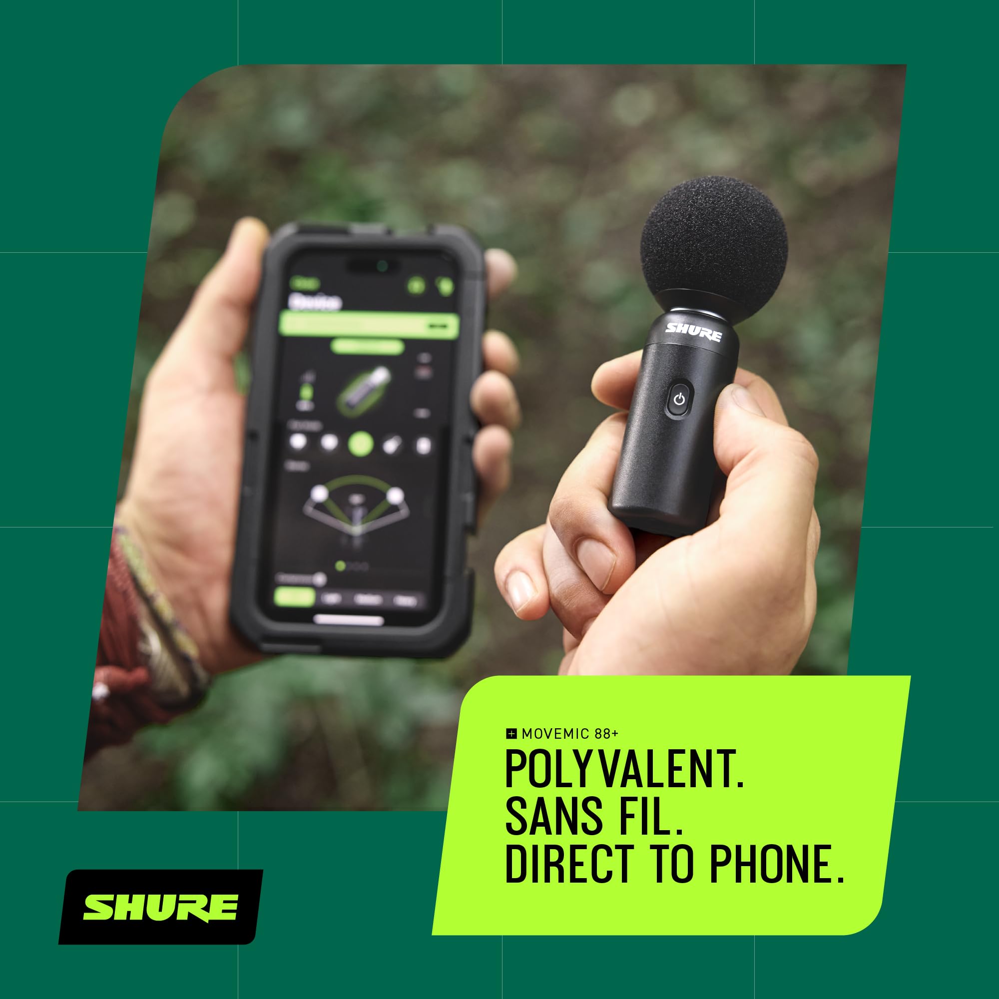Shure MoveMic 88+ Micro Stereo sans Fil - Enregistreur Audio Professionnel pour Film/Enregistrement sur Le Terrain, interviews, 4 directivités | Compatible avec iOS/Android Via Les Applications Motiv