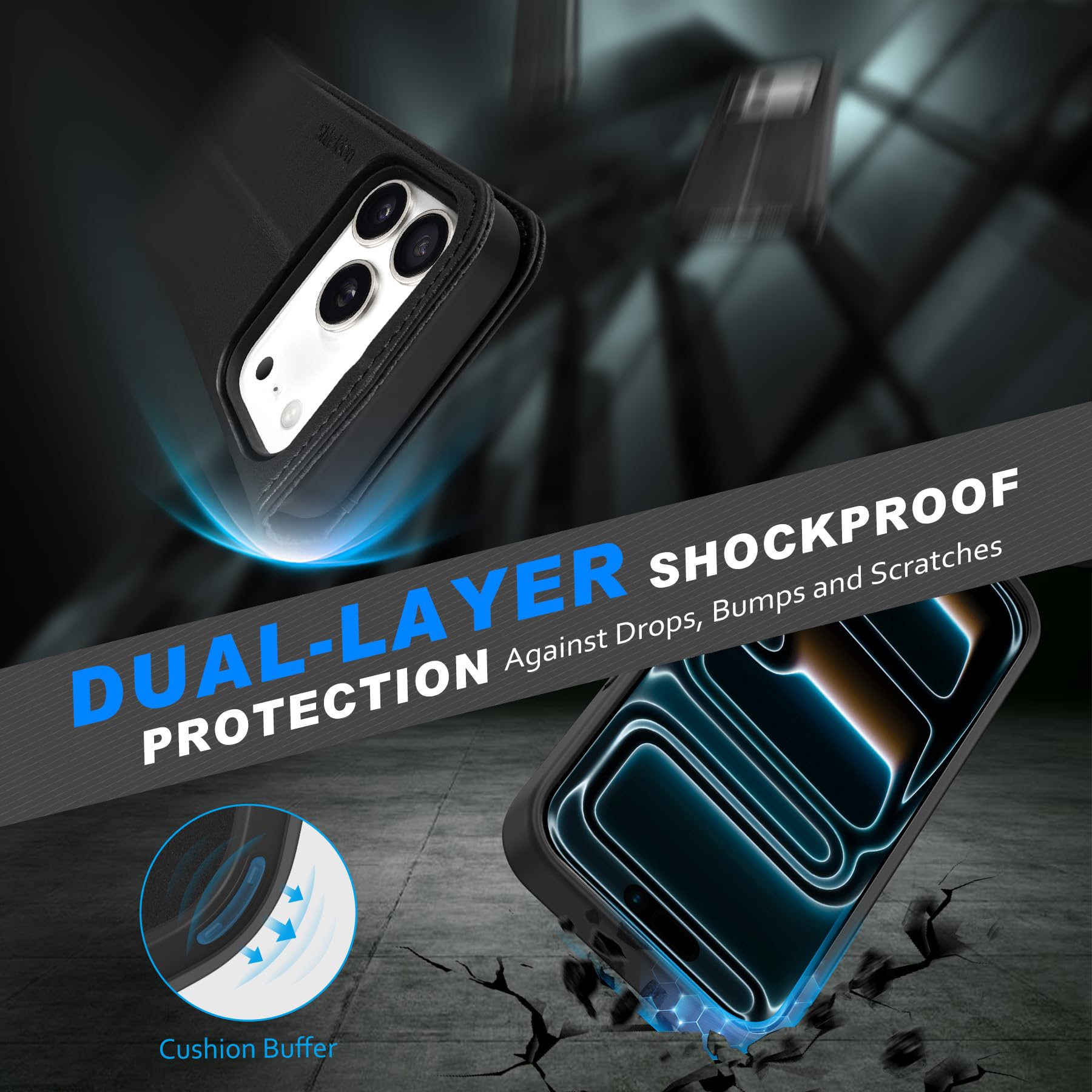 SHIELDON Hülle für iPhone 17 Pro 6,3" 2025, Echtleder Handyhülle [Abnehmbar] [Kabelloses Laden] [3 Kartenfach] [Ständer] [RFID Blocker] [Handy-Ösen] 2 IN 1 Magnet Klapphülle - Schwarz