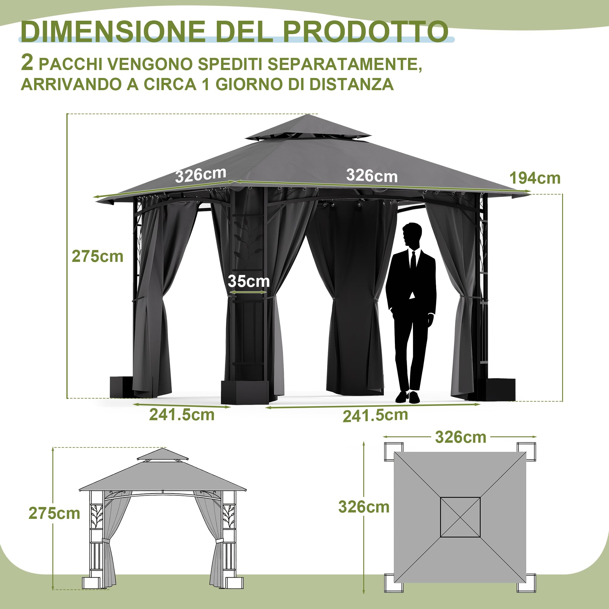 Devoko Gazebo Esterno Resistente 3.3x3.3 m con 4 Vasi per Fiori - Gazebo da Giardino in a Doppio Tetto Aerato, Struttura Fogliata, Tende Rimuovibili, Protezione UV & Impermeabile per Esterno