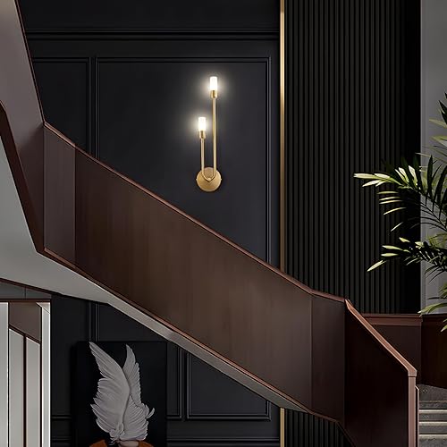 Miniatura 5 de Aplique de pared LED dorado con 2 lámparas de pared para interiores de mediados de siglo, lámpara de tocador con pantalla de vidrio para dormitorio,