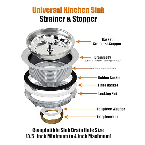 Vista 4 de Artiwell Paquete de 2 coladores y tapones para fregadero de cocina, conjunto de drenaje de cocina de 3-1/2 pulgadas con colador y tapón