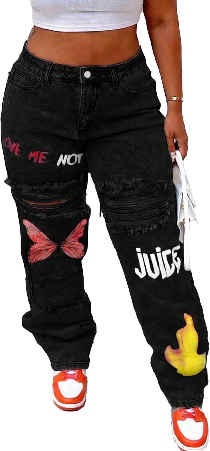 Plus Size Women's Distressed Ripped Jeans Butterfly and Flame Print, High Waist Straight Leg Denim Pants