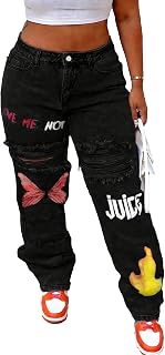 Plus Size Women's Distressed Ripped Jeans Butterfly and Flame Print, High Waist Straight Leg Denim Pants