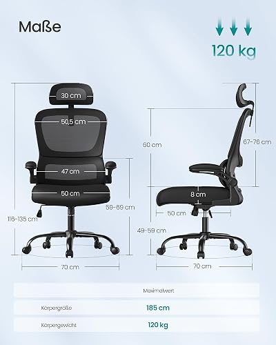 SONGMICS Chaise de Bureau, Chaise Ergonomique, avec Tissu en Maille Respirant à Double Couche, Soutien Lombaire Adaptatif, Appui-Tête Réglable, pour Bureau à Domicile, Noir d’Encre OBN041B01 - 3