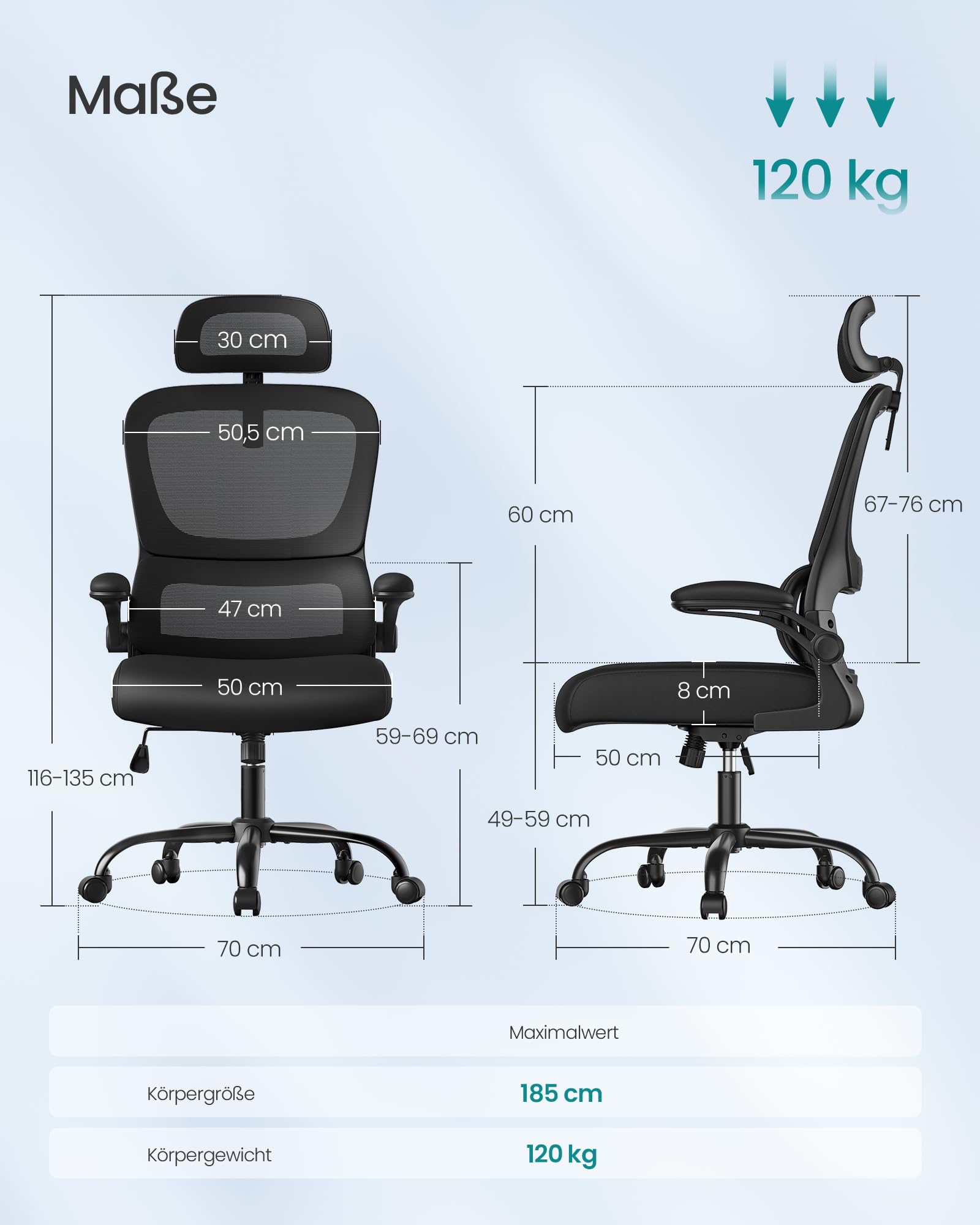 SONGMICS Bürostuhl, Schreibtischstuhl, ergonomischer Netzstuhl, mit doppellagigem Netzgewebe, atmungsaktiv, Adaptive Lendenstütze, verstellbare Kopfstütze, für Homeoffice, tintenschwarz OBN041B01
