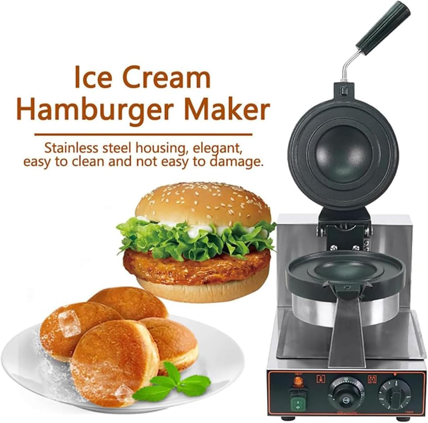 Commercial Hamburger Press, Electric Panini Press, Non-Stick Waffle Maker, Adjustable Temperature 50-300℃, UFO Burger Machine for Restaurant & Home Use