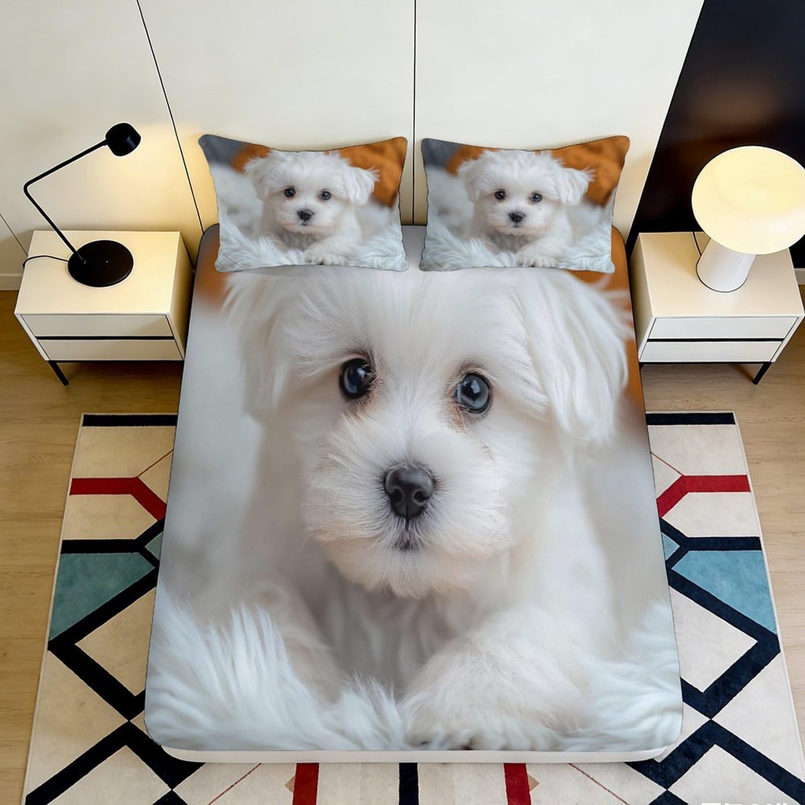 Pnayamiorkfel Style-9 3D Printed White Puppy Fitted Sheet Microfiber Soft Animal Bed Cover For Bedroom Guest Room Easy Care Decor 90X200x25cm