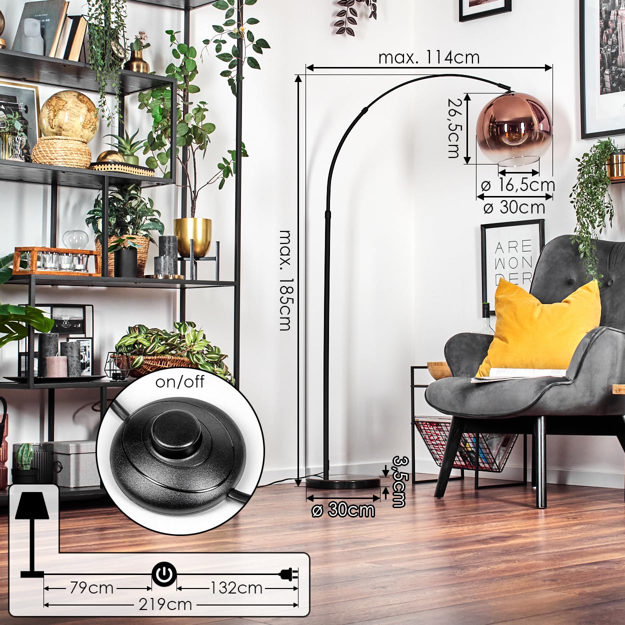 Lámpara de pie HOFSTEIN Koyoto, de metal/cristal en negro/cobre/claro con base de mármol, lámpara ajustable de diseño retro (pantalla de Ø 30 cm), interruptor de pie, E27, salón, dormitorio, pasillo