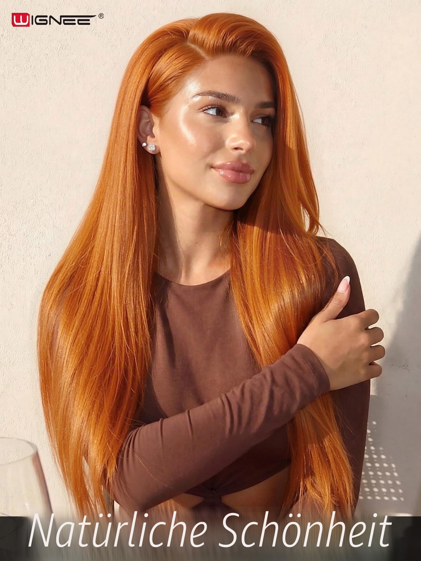WIGNEE 13x6 Synthetische Spitze Frontperücke Vorgezogen Klebefreie Gerade Perücke 28 Zoll Lose Spitze Frontperücke mit Futura Haar Ginger