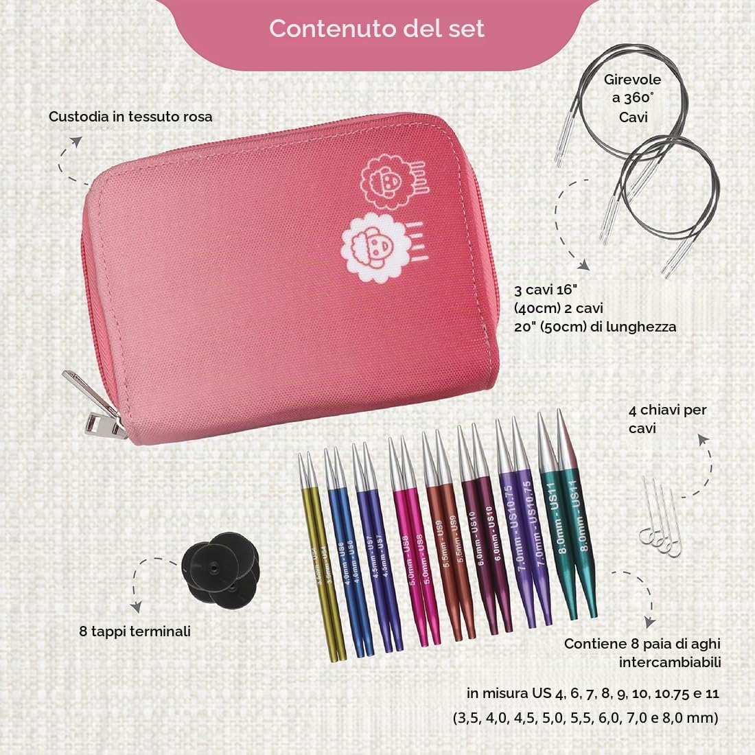 Set ferri da maglia KnitPro Zing, circolari, intercambiabili, punta corta speciale da 10 cm, set Deluxe