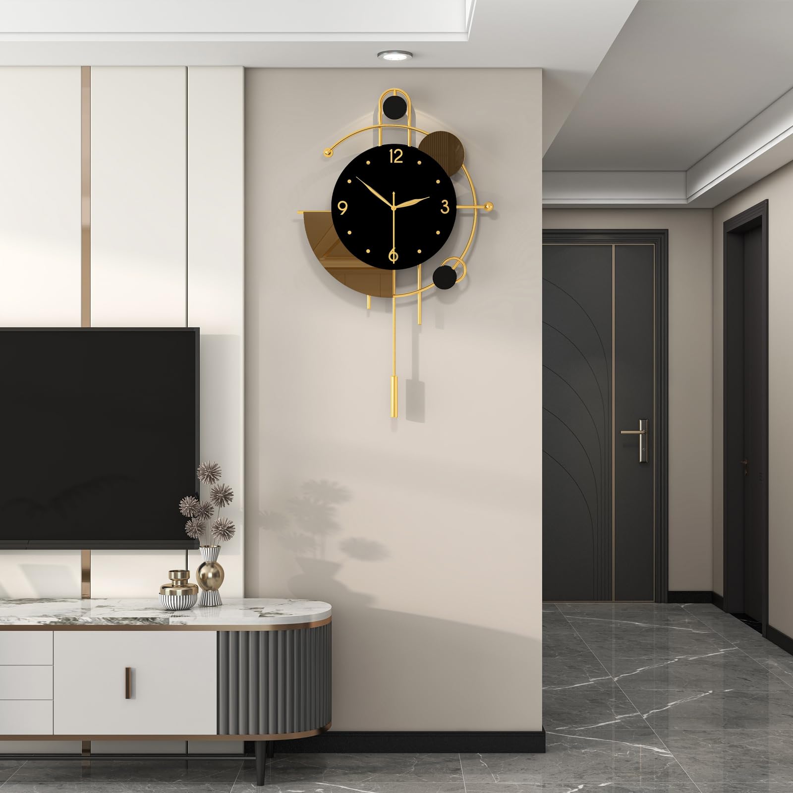 Moderne Wanduhr für Wohnzimmer, Dekoration, große, dekorative goldene Metall-Wanduhr mit Pendel, leise, Qualität, Quarz, große Uhr, batteriebetrieben, nicht tickend, für Küche, Büro