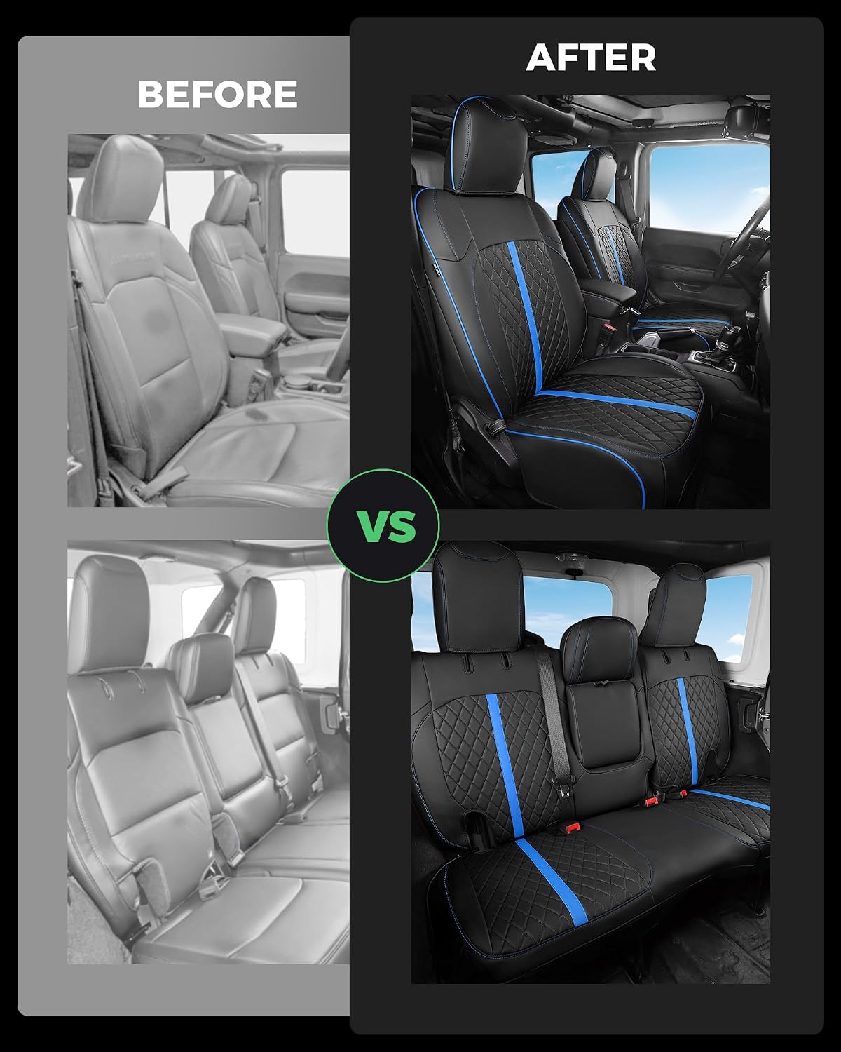 for Jeep Wrangler Seat Covers 4Door JL 2018 2019 2020 2021 2022 2023 2024 2025 2026, Custom Car Seat Cover Full Set, Luxury Waterproof Leather Protectors, Black Blue Trim,with Rear Cup Holder