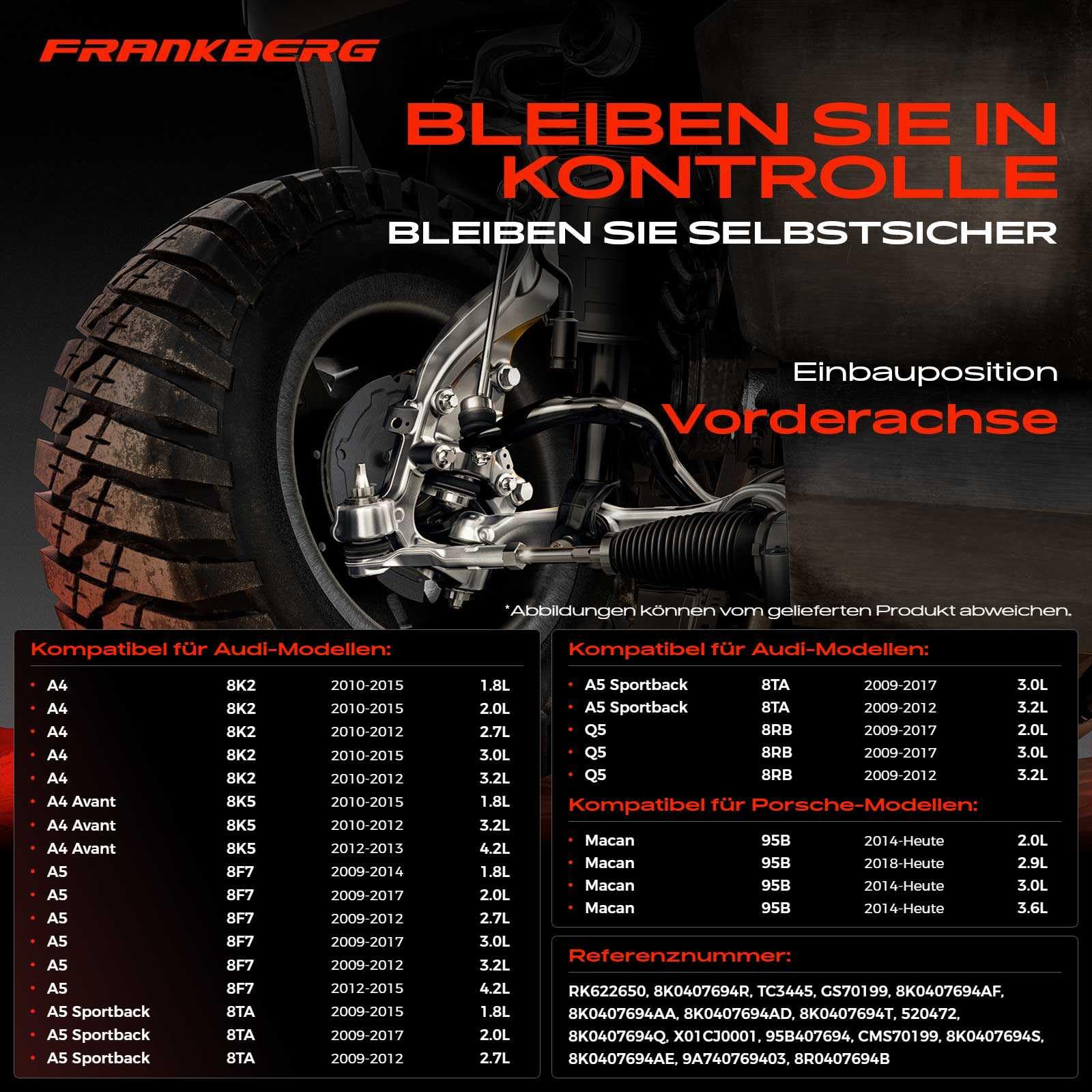 Frankberg Wahacz przedni, tył, prawy, dolny, RK622650 | Kompatybilny z A4 Allroad 8KH, A5 Sportback 8TA, A5 Cabriolet 8F7, A4 Avant 8K5, Q5 8RB, A5 8T3, A4 8K2, M.A.C.A.N 95B
