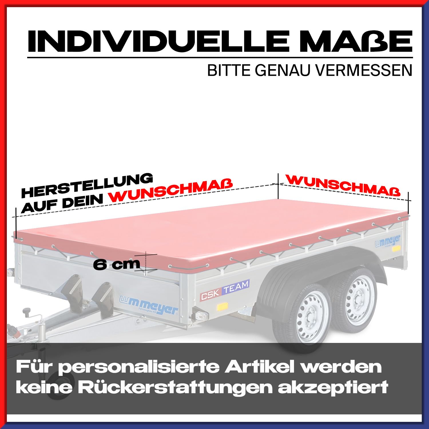 WM Meyer Anhängerplane - Hochwertige Plane Nach Maß in 15 Farben - Flachplane für PKW-Anhänger - Wasserdichte PVC Abdeckplane Mit Zubehör