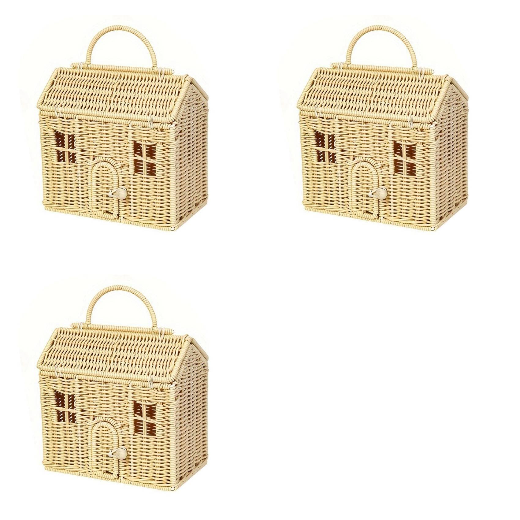 Hndhbfgrt 3X Rattan House Shaped Basket with Lid, Decorative Hand Woven Shelf Organizer with Folding Handle, Harvest Wicker Basket