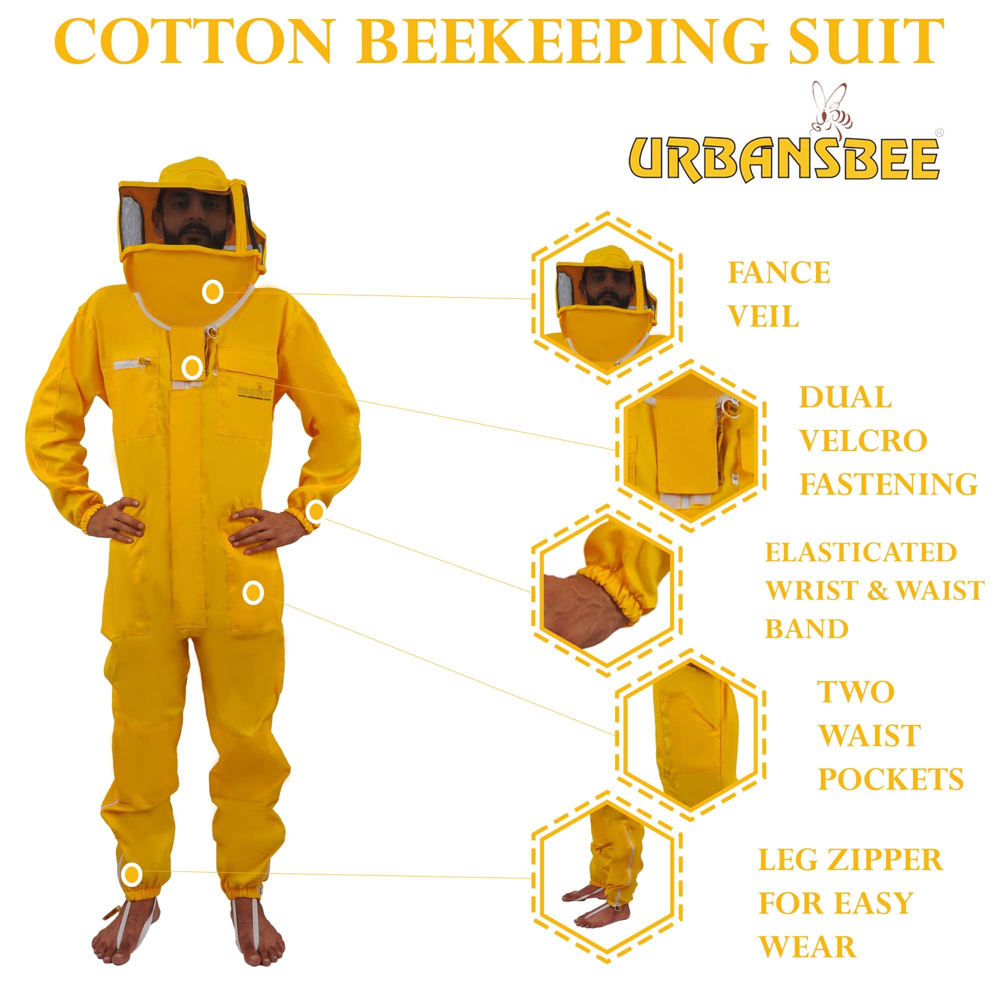 Tuta Apicoltore professionale Abito Apicoltura Cotone Quadrato Cappuccio eampia tasca per gli apicoltori contro le punture delle api Tuta Naturale ape (XL, Giallo Con Cappello Quadrato)