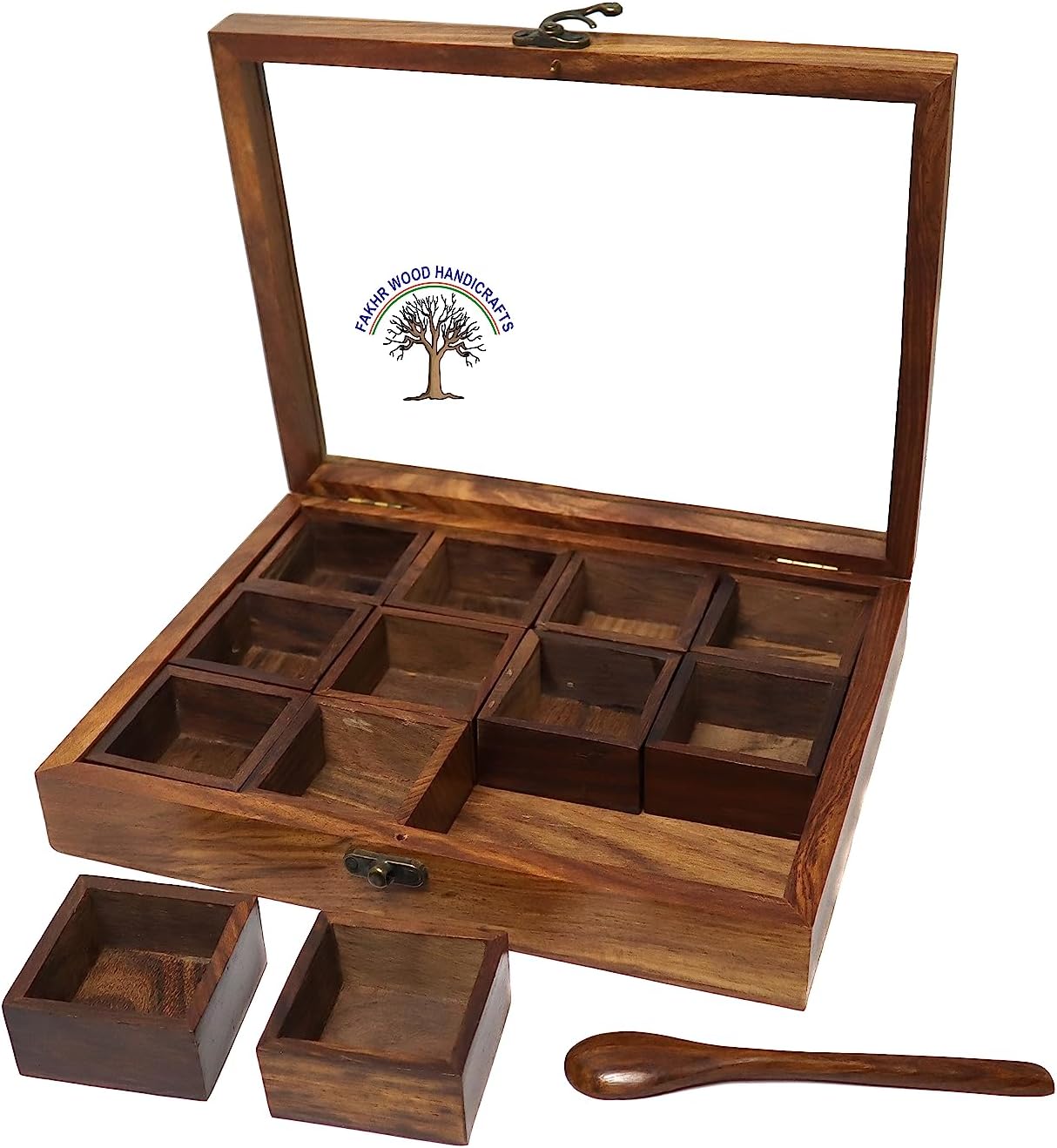 Wooden Spice Box for Kitchen Table Top Masala Box with Spoon Antique Lock, Multipurpose storage Box for Spices - 12 container