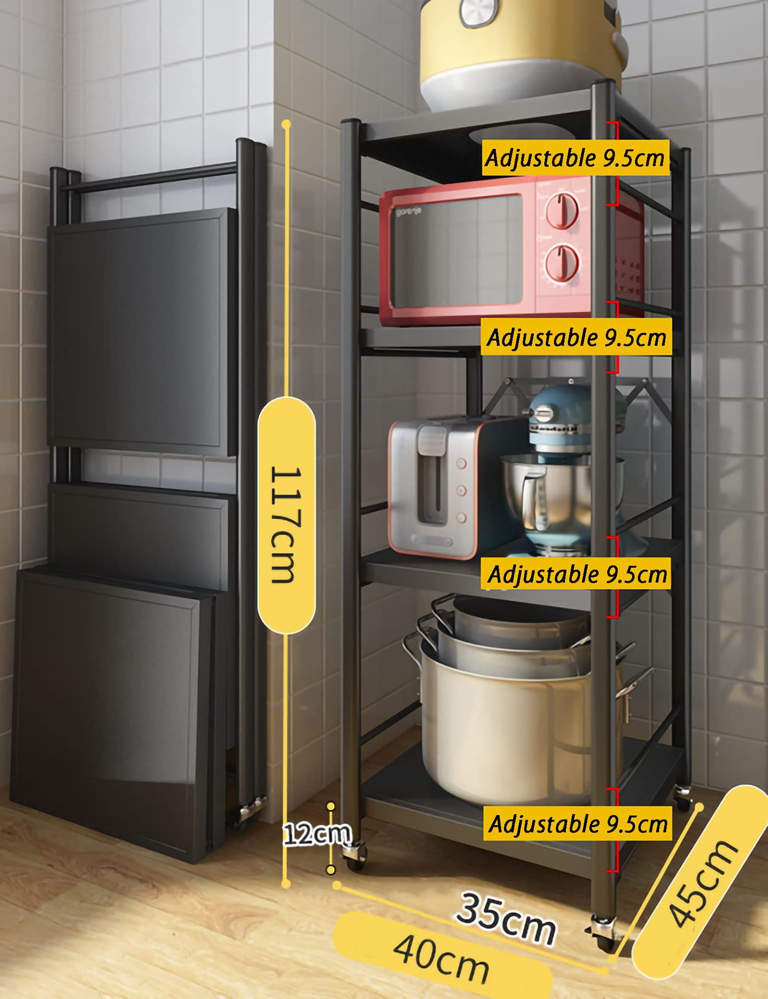 Scaffali pieghevoli Sto a 4 ripiani con ruote, espositore in metallo, unità versatile per soggiorno e ufficio, nero, 117 x 45 x 40 cm