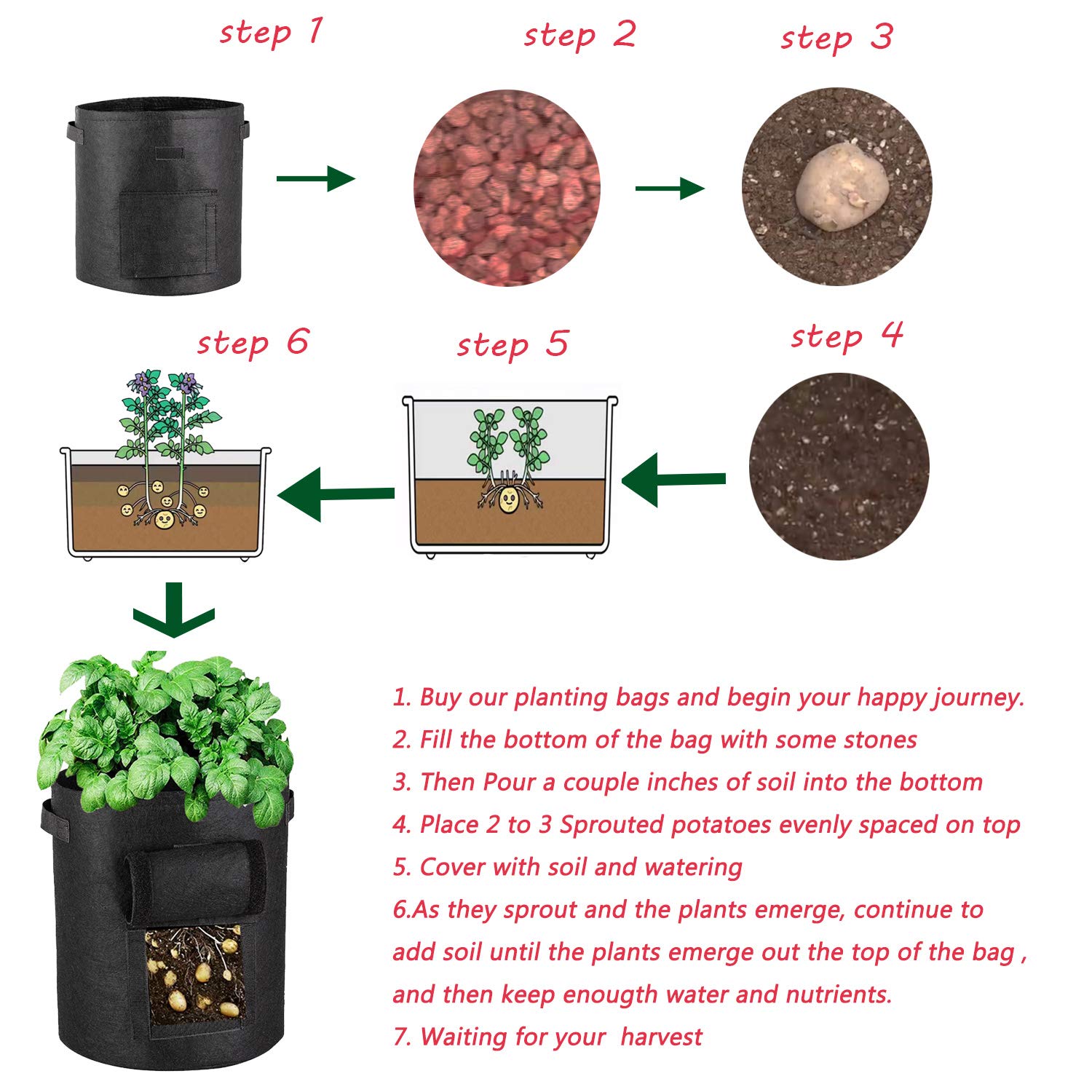 Bolsas de cultivo de patatas, macetero de cultivo de patatas de 6,5 galones, 3 paquetes, maceta con solapa y asas, bolsas de cultivo de plantas no tejidas for patatas, tomates, zanahorias y otras verd
