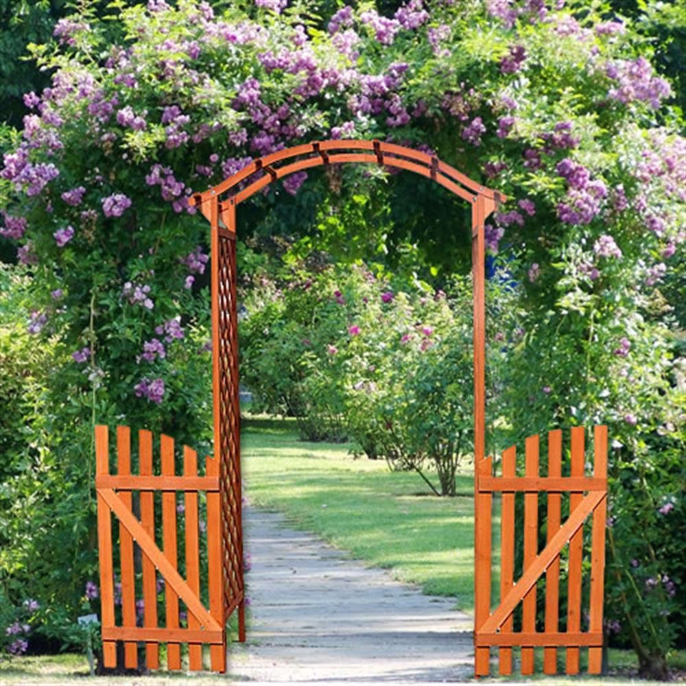 Melko Rosenbogen aus Holz Braun Rankgitter Laubengang Torbogen mit Tor Halbbogen Spalier Rankhilfe für Kletterpflanzen Gartenbogen Pergola