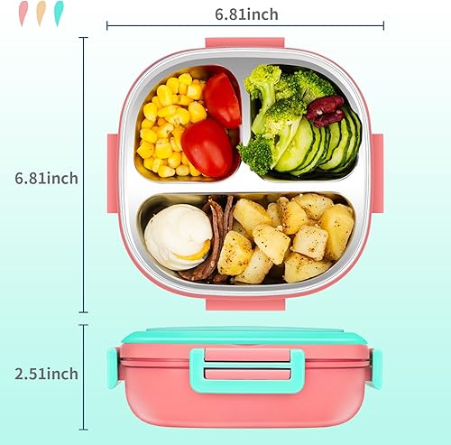 Miniatura 4 de Lonchera pequeña de acero inoxidable para niños, a prueba de fugas, 3 compartimentos, lonchera con cubiertos portátiles, tamaños de porciones