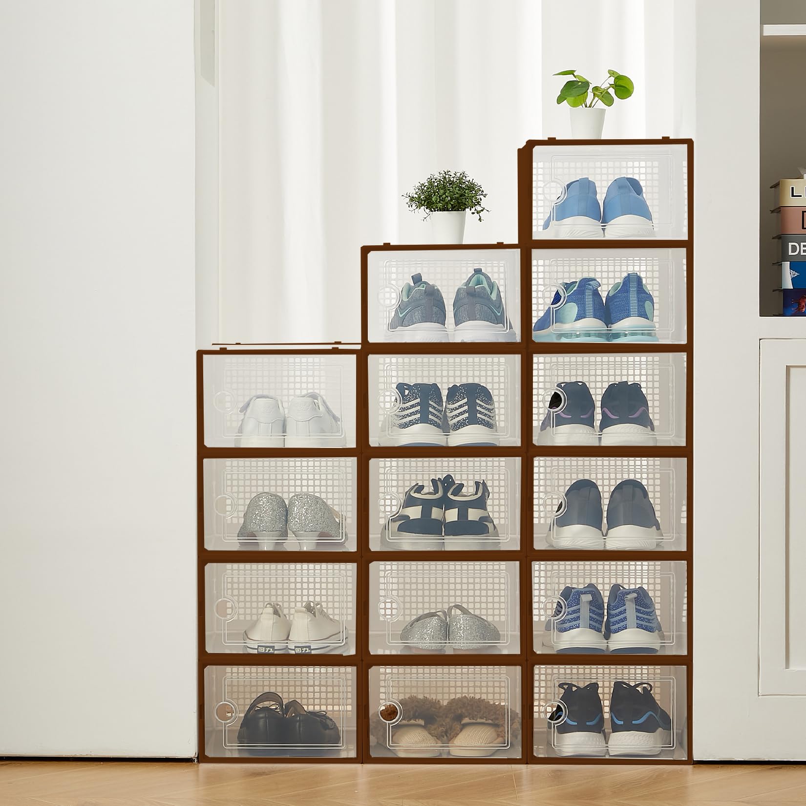 Aptliton Shoe Boxes, Pack of 15 Shoe Storage Organizers, Stackable Clear Plastic Shoe Containers for Closet & Entryway, Sneakers & Daily Footwear, 13.2 x 9.25 x 5.71 Inches, Brown
