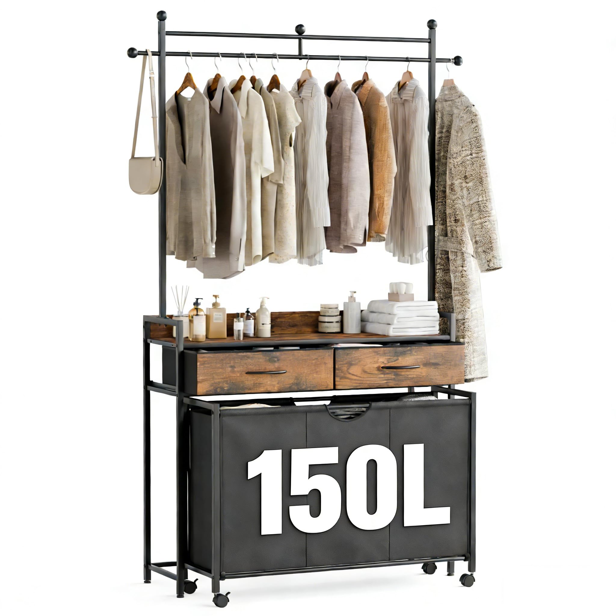 Panier à linge 3 compartiments Mondeer 150L avec penderie amovible et tiroirs