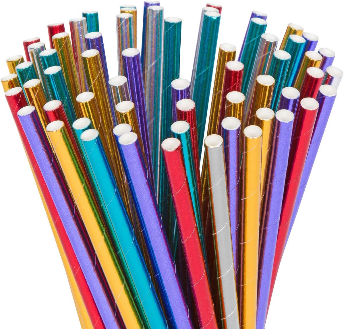 YouShop Biodegradable Paper Straws 100-Pack - Colorful Drinking Straws for Party Supplies, Birthday Party, Smoothies, Juices, Shakes, Decorations (Glossy Red + Pink/Lilac + Gold + Silver + Teal Blue)