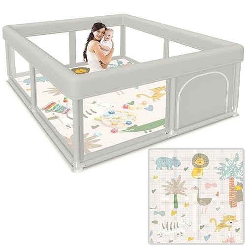 Corralito para bebés de 50 x 50 pulgadas con alfombra, corral de juegos para bebés y niños pequeños, corral con puerta, valla de seguridad