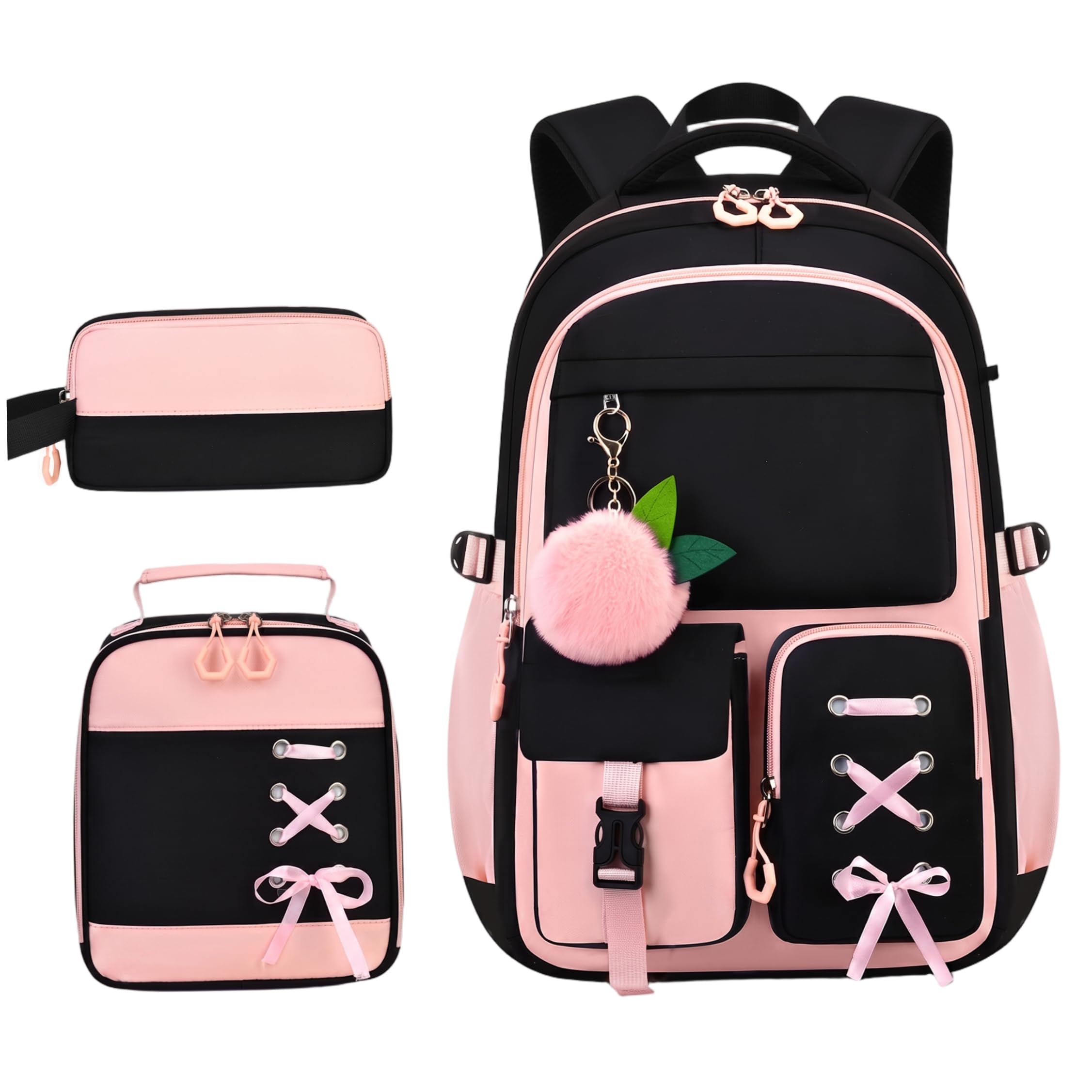 Conjunto de Mochila con Lazo para niñas de 3 Piezas con lonchera en Morado
