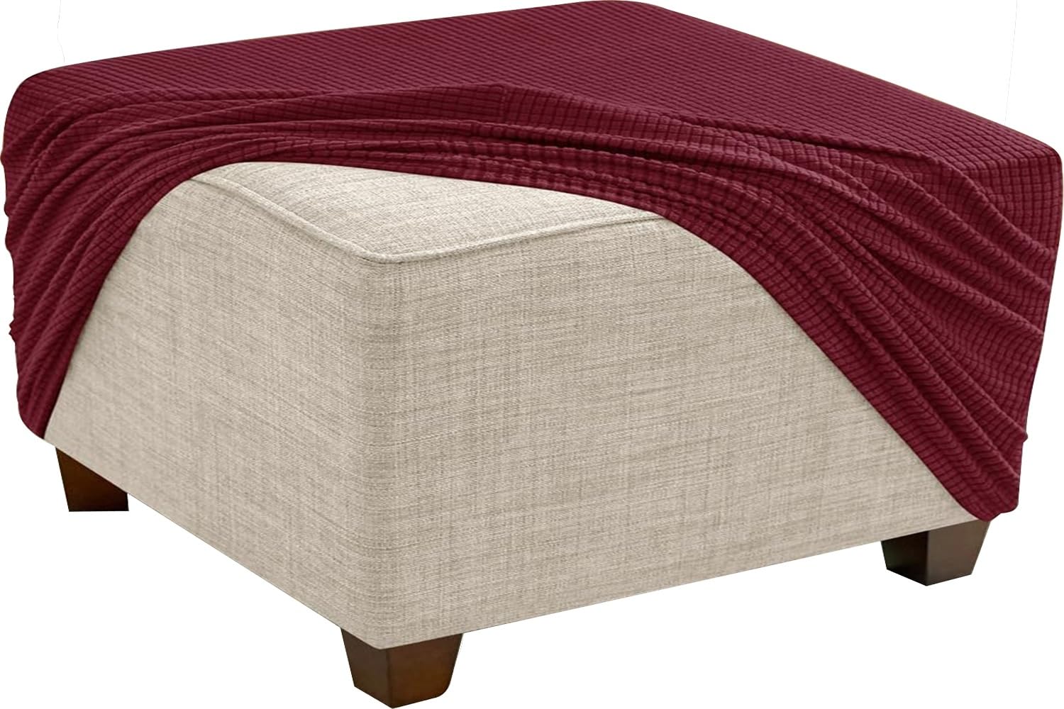 Stretch Ottoman Cover Slipcovers Square 35x35 45x45 65x65 90x90 100x100 Cm Thick Checked Jacquard Fabric Footstool Footrest Protector With Elastic Bottom For Living Room Removable Washable(Burgundy,26