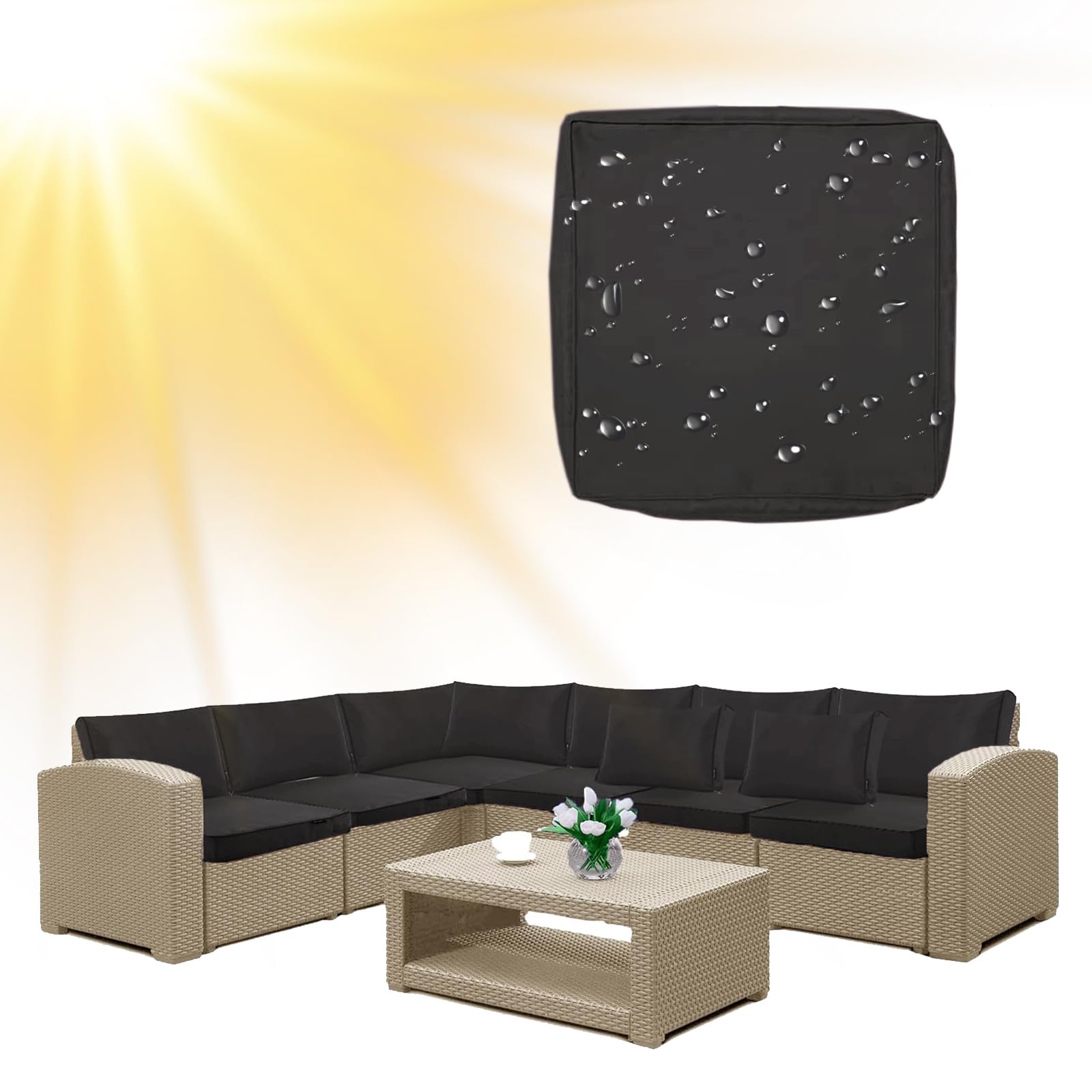 SYLC Water Repellent Patio Cushion Covers UV Resistant Garden Rattan Cushion Covers with Zipper Outdoor Couch Cushion Slipcovers for L Shape/Corner (1 pc 55×50×10 cm,Black)