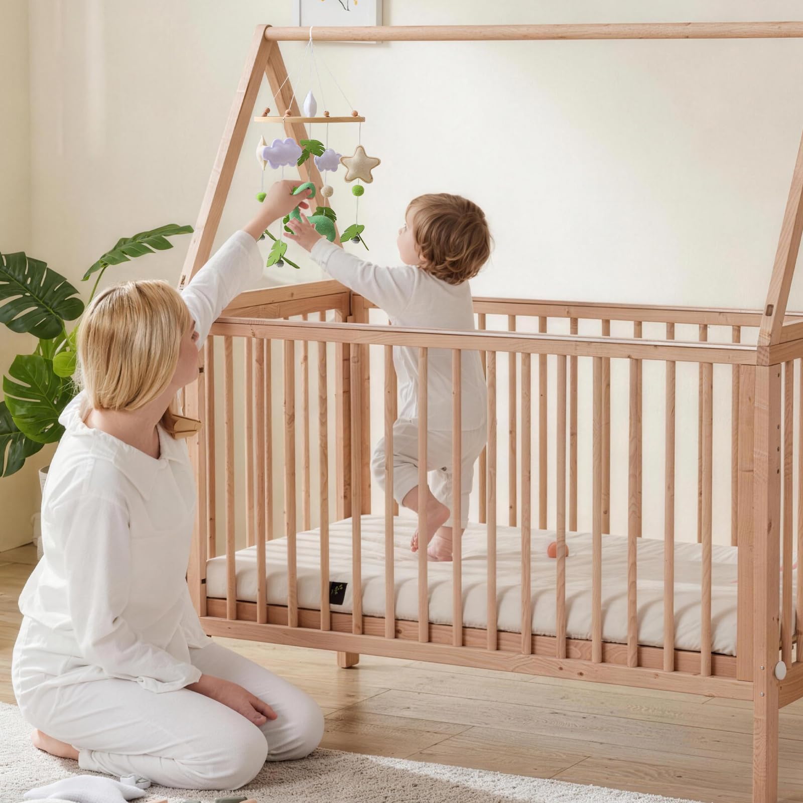 Mobilny drewniany dinozaur 3D, dzwonek wietrzny do łóżeczka dziecięcego z filcowymi kulkami, mobilne łóżko dla niemowląt z gwiazdami, chmurami i liśćmi, do łóżeczek dziecięcych dla chłopców i