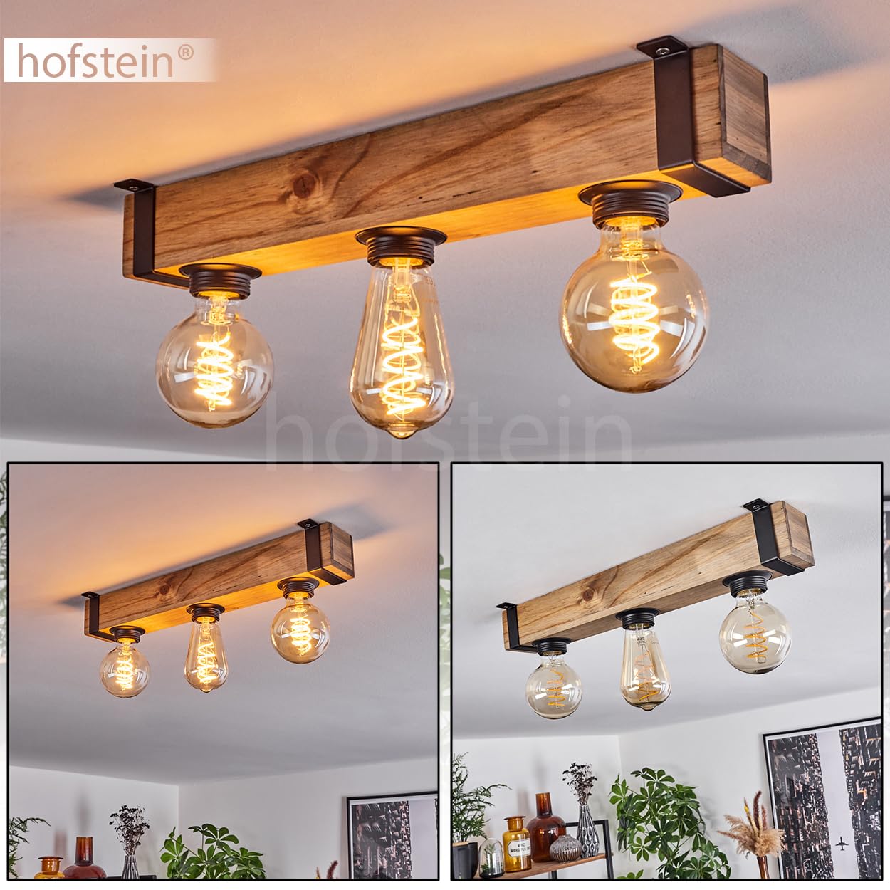 HOFSTEIN Deckenleuchte Montgomery, 3-flammige Deckenlampe aus Holz/Metall in Natur/Schwarz, Leuchte im Industrial/Retro/Vintage-Design mit Holzbalken, E27, Esszimmer, Küche, Wohnzimmer, Schlafzimmer
