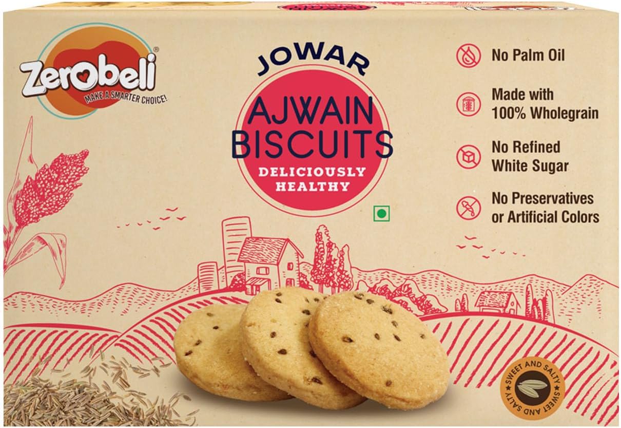 Zerobeli Sweet & Salty Jowar Ajwain Biscuits - 400g (Pack of 1) | Wholegrain Digestive Cookies | No Added Preservatives, No Artificial Colors | Healthy, Nutritious, and Delicious | Best Tea Time Snacks | 100% Vegetarian | Wholesome Ingredients for a Perfect Blend of Flavor and Nutrition
