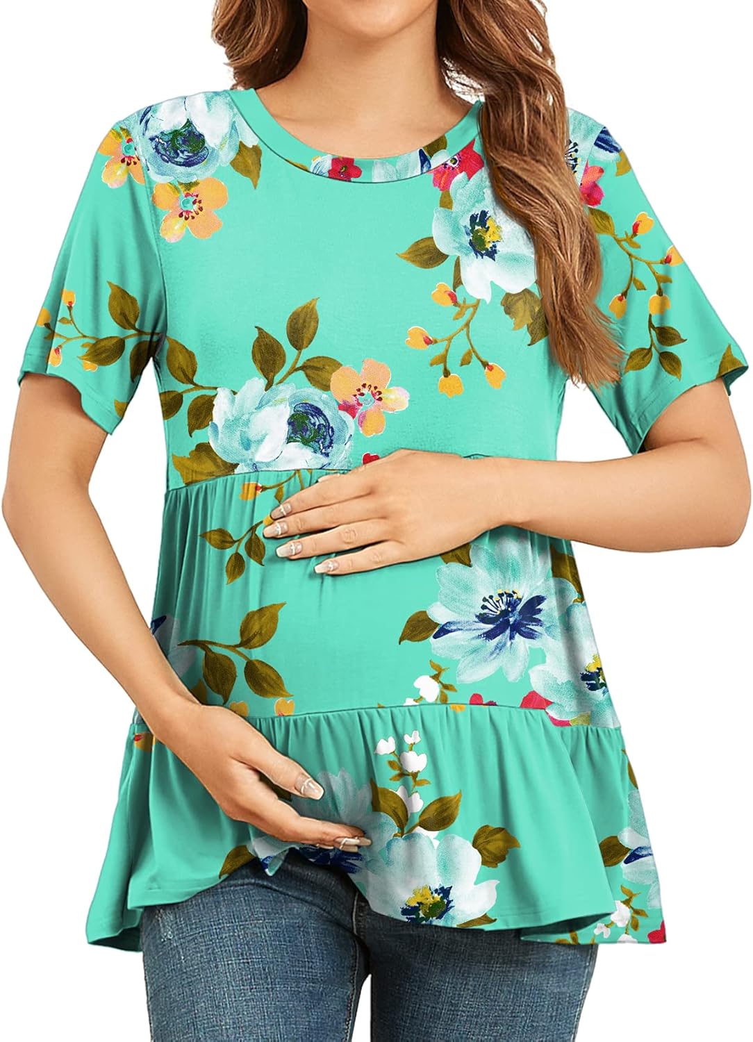 Xpenyo Women Tiered Maternity Top Fashion Short Sleeve Casual Pregnancy Blouse Shirts Mint Green Floral XL