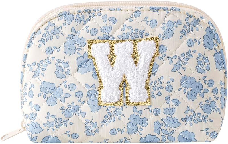 Necessaire de maquiagem WHHJM pequena em algodão matelassado com zíper, estampa floral azul, modelo W