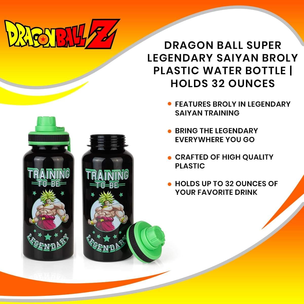 JUST FUNKY Dragon Ball Super Legendary Super Saiyan Broly Plastic Water Bottle | Official Dragon Ball Super Gym Training Water Bottle | Holds 32 Ounces