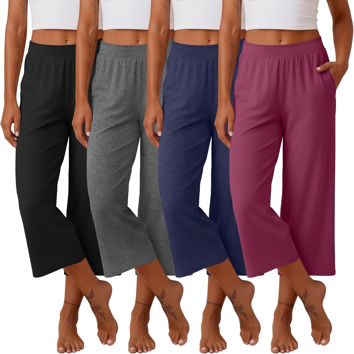 Neer 4 Pack Women's Capri Pants Wide Leg Capris Yoga Sweatpants Lounge Loose Fit High Waist Workout Cropped Pants with Pocket