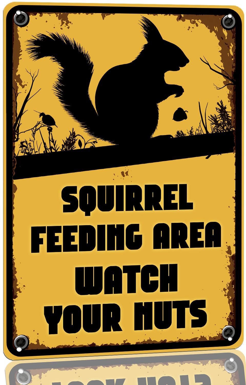 SMAZDFXX Funny Squirrel Feeding Area Metal Sign Watch Your Nuts Sign Outdoor Home Wall Decor for Porch Entrance Garden 12"x16"