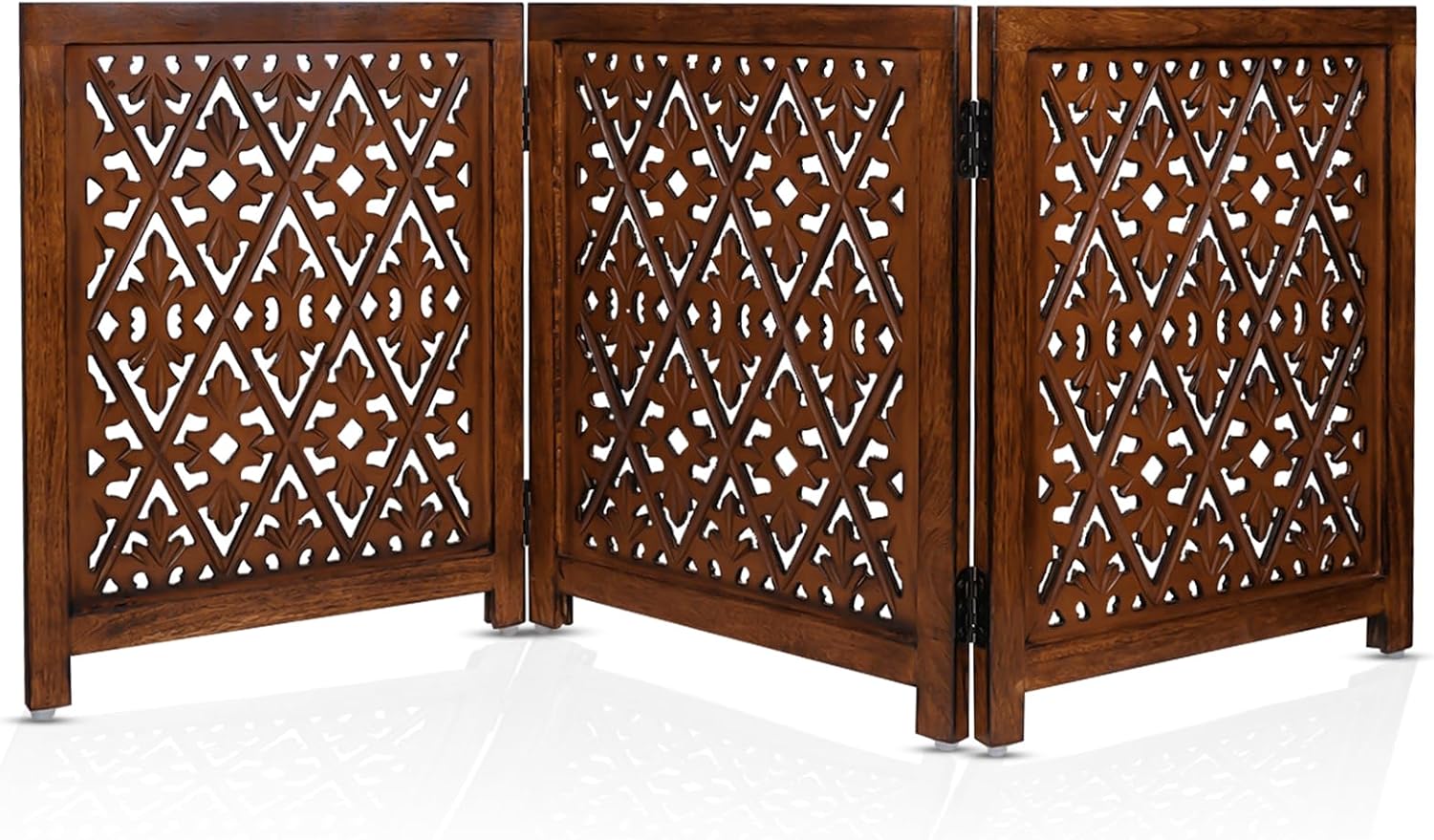 Wooden Pet Gate – Puppy Gate Foldable Freestanding Dog Gate (18” x 23”) | Decorative Cat Gate Safety Barrier for Pets & Toddlers | Indoor Use for Doorways, Hallways, Stairs (Fleurdilis, 3 Panel) Fleurdilis 3 Panel